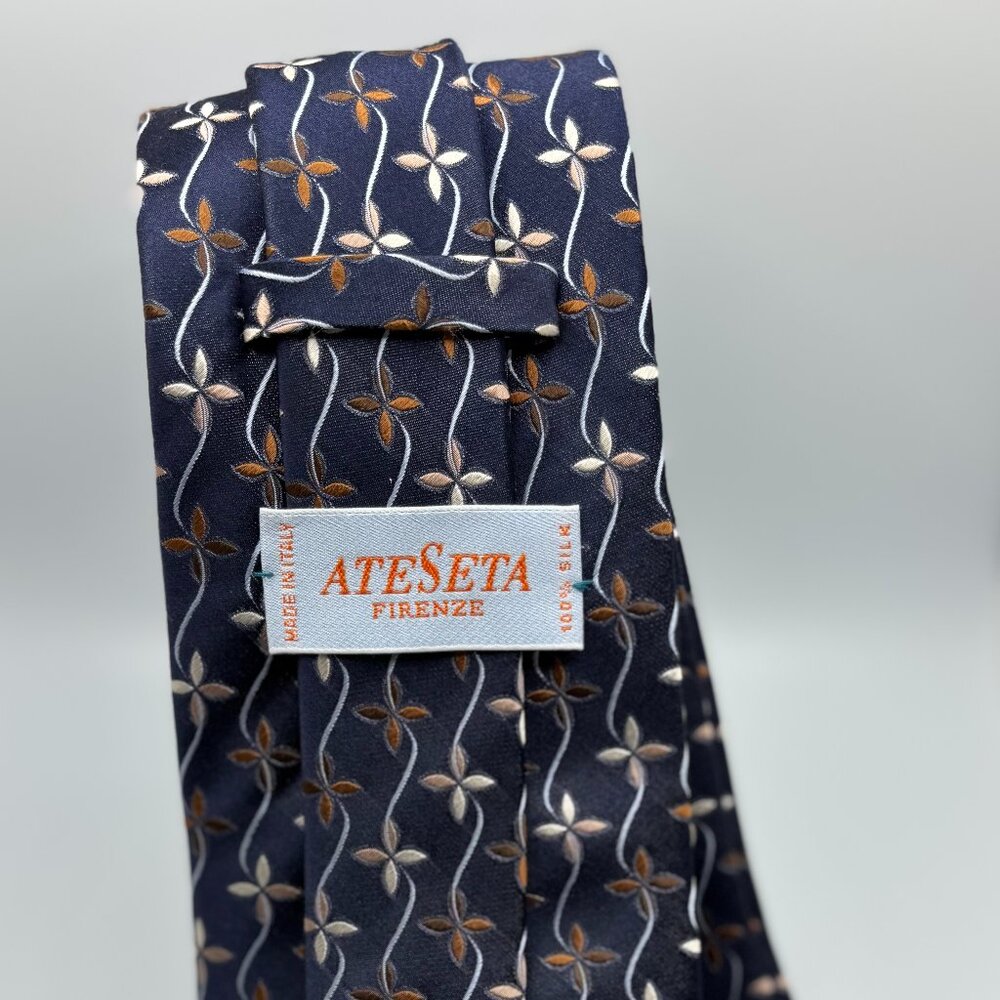 Ateseta Firenze 100% Silk Tie Made in Italy - Navy Blue & Brown Floral